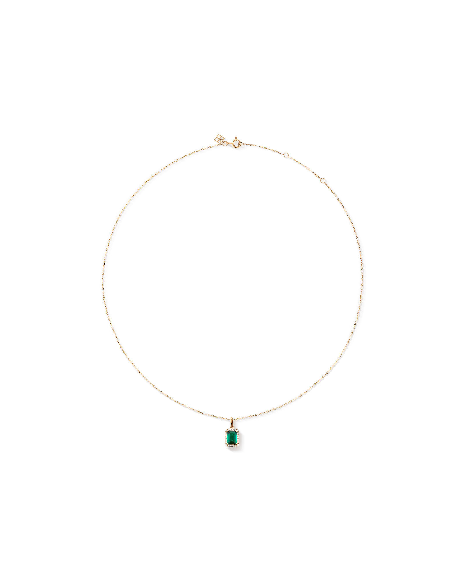 Emerald Cut Green Created Emerald Gemstone and  Diamond Halo Pendant with Chain in 10kt Yellow Gold