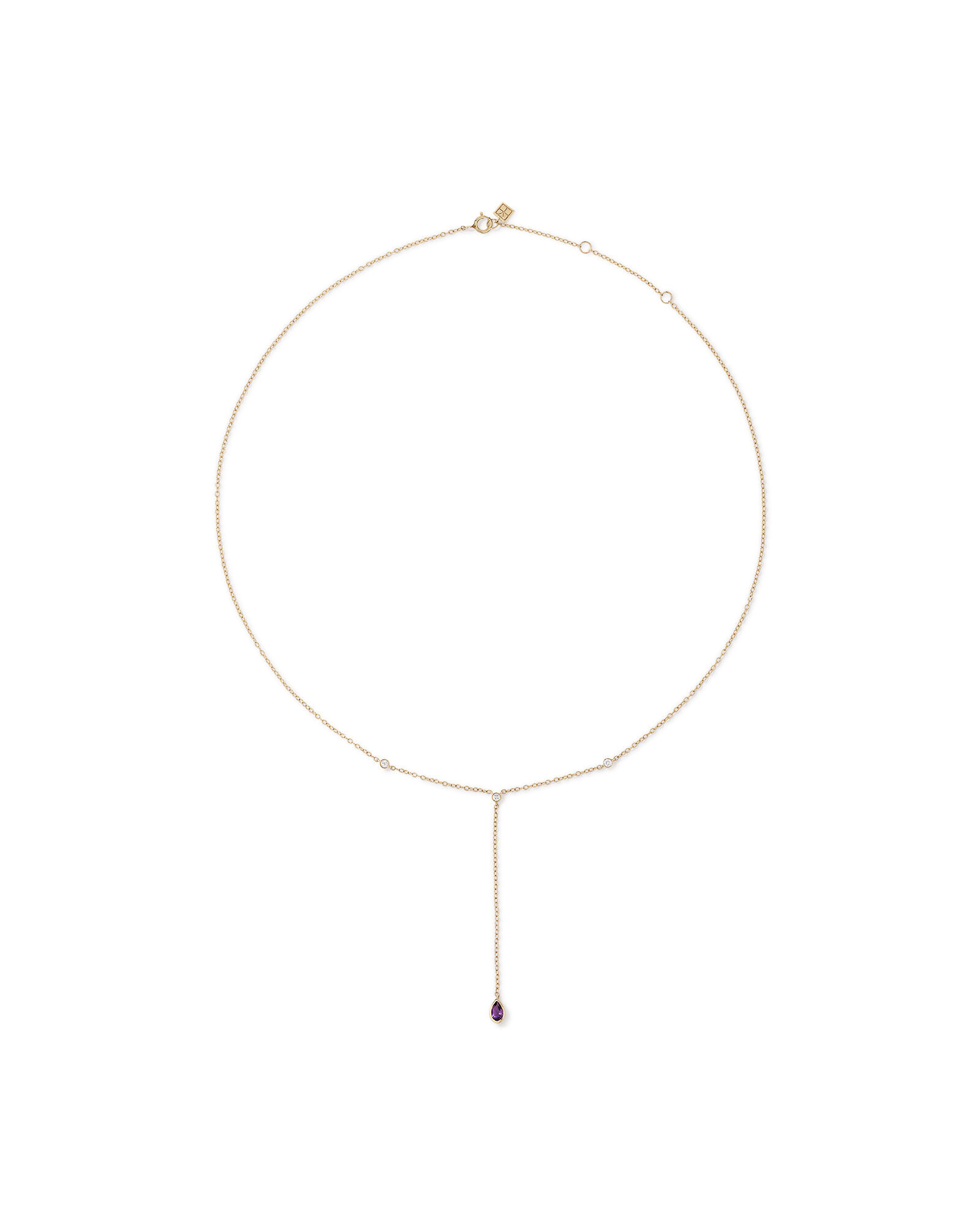 Pear Cut Purple Amethyst Gemstone and Diamond Lariat Necklace in 10kt Yellow Gold