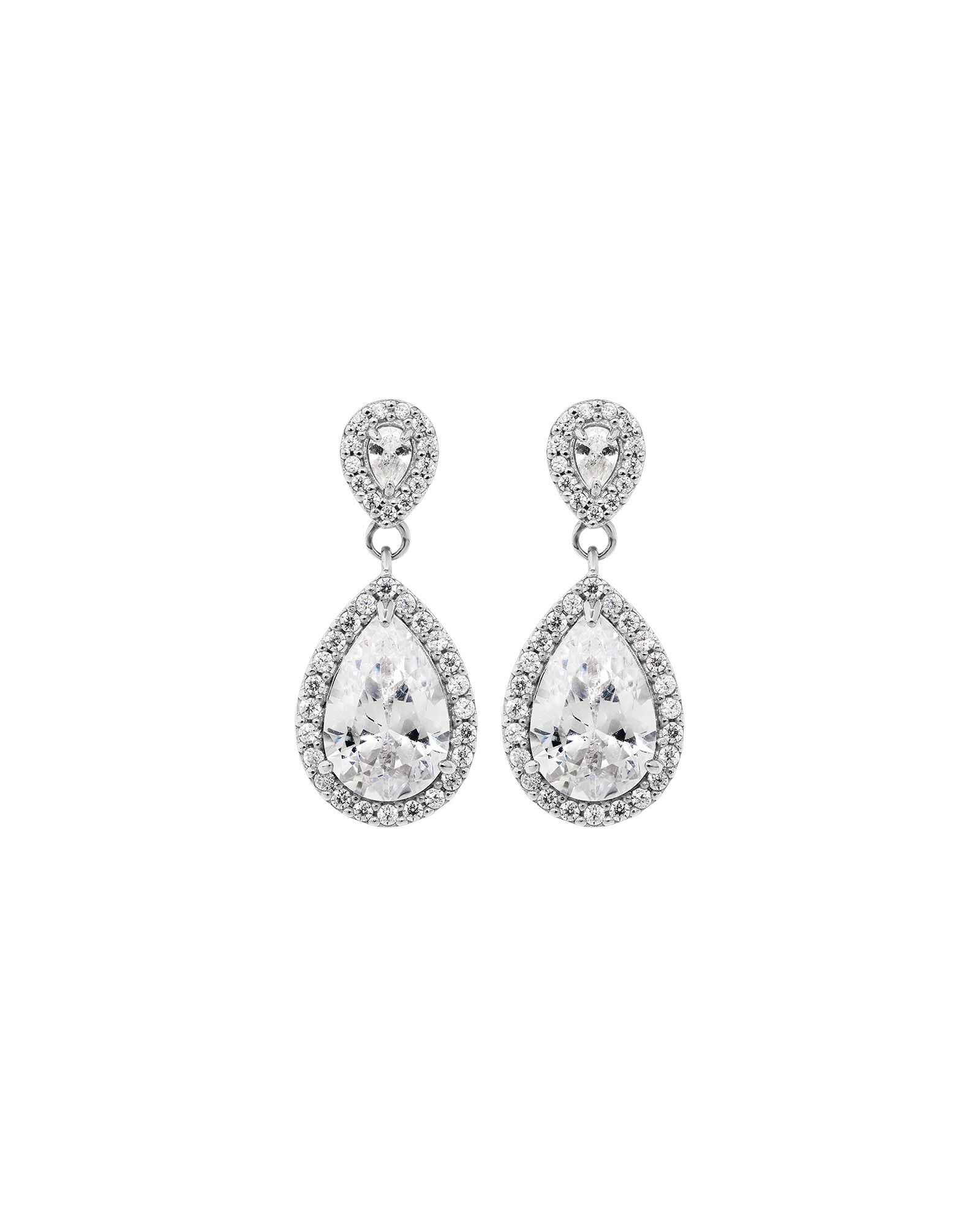 Pear Cubic Zirconia Halo Drop Stud Earrings in Sterling Silver