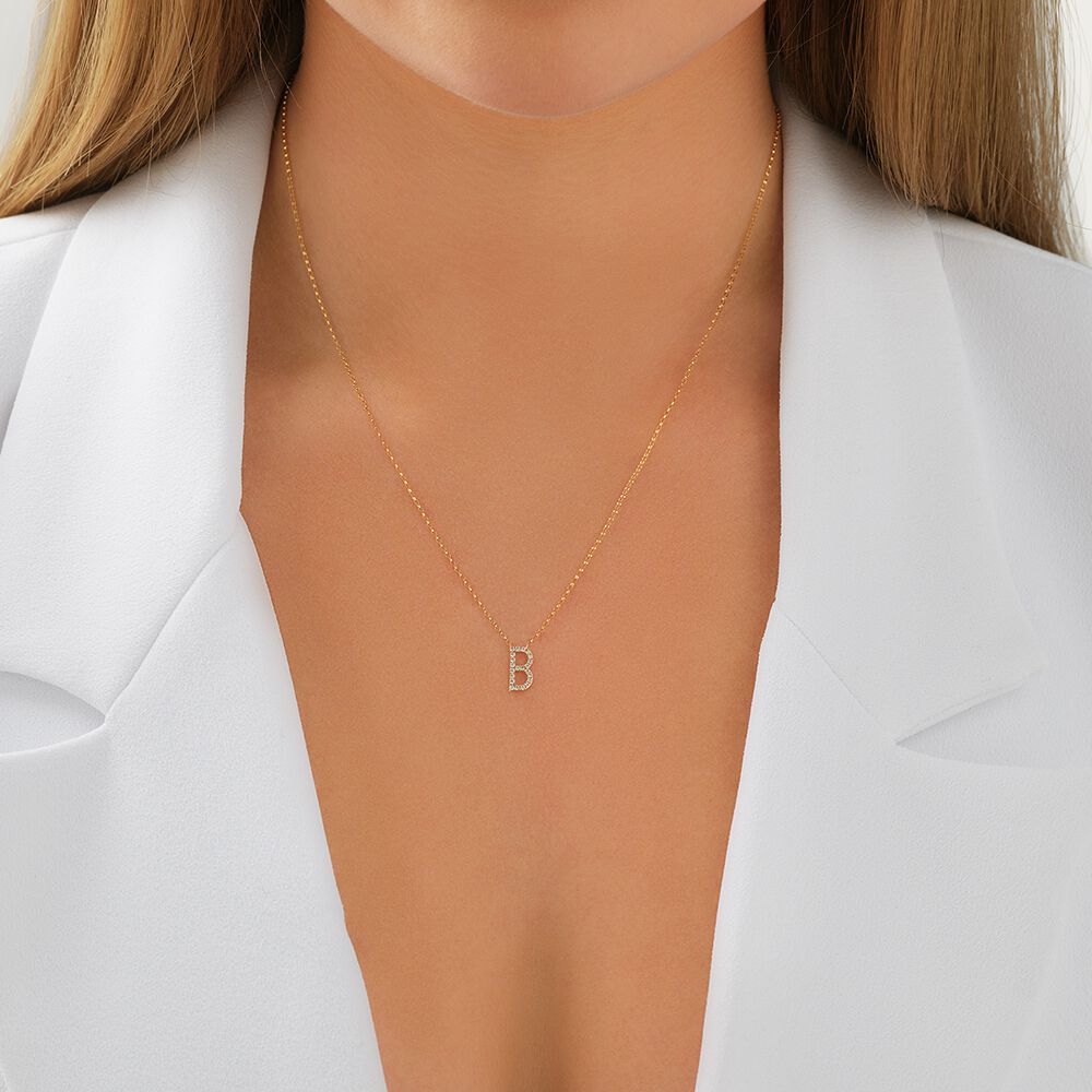"B" Initial Necklace with 0.10 Carat TW of Diamonds in 10kt Yellow Gold