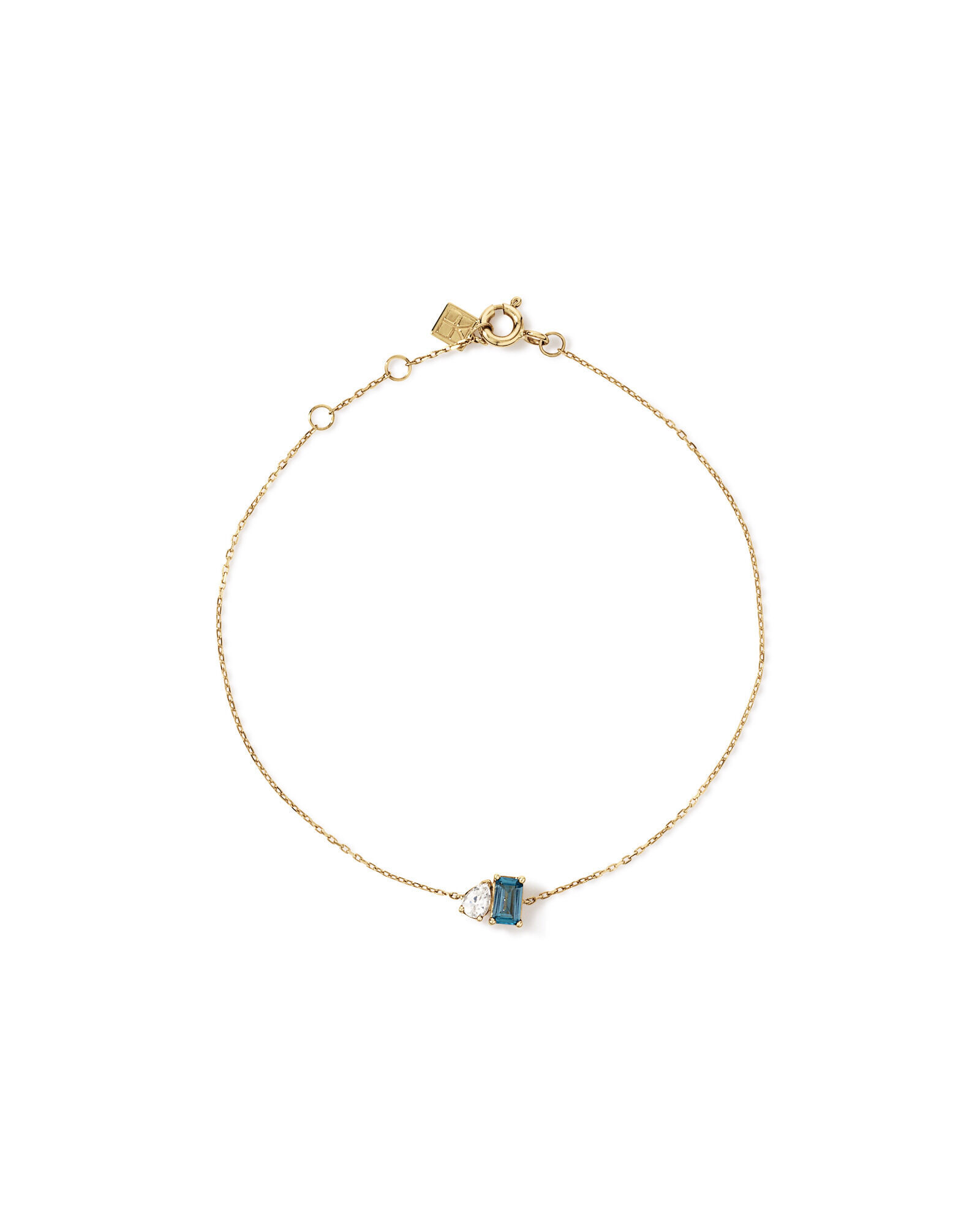 Pear-Cut White Sapphire and Emerald-Cut London Blue Topaz Toi Et Moi Bracelet in 10kt Yellow Gold