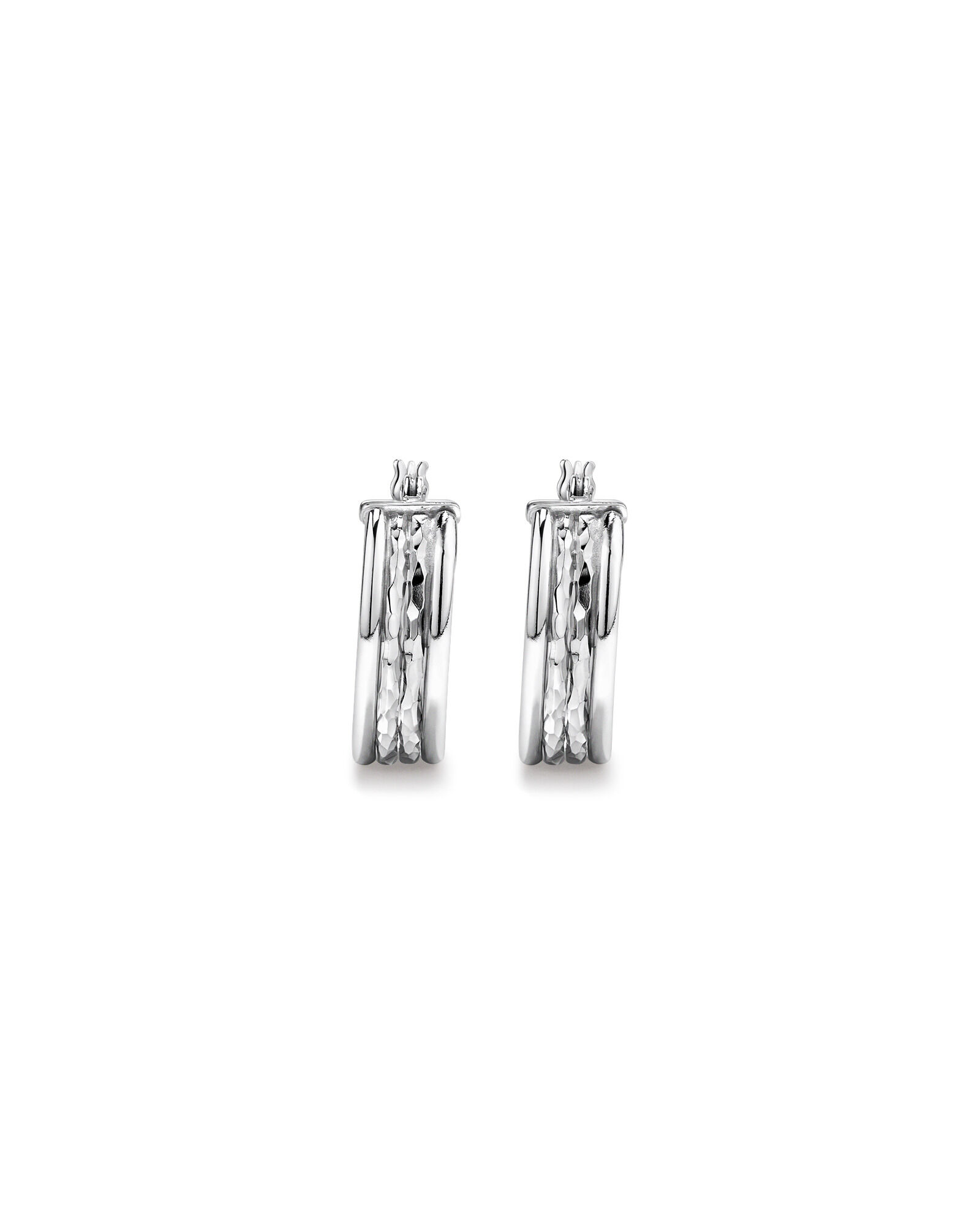 Four Row Diamond Cut and Smooth Hoop Earrings in Sterling Silver