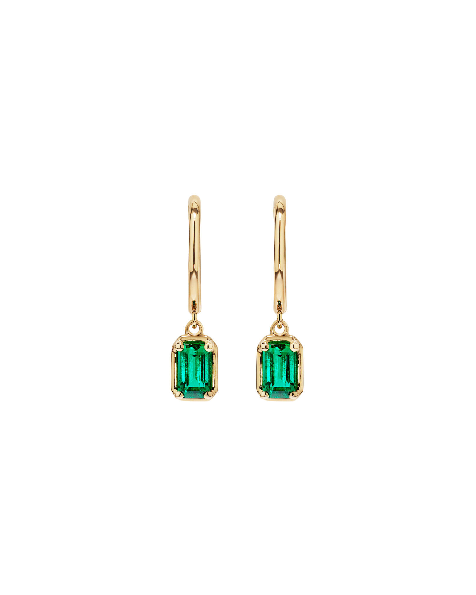 Created Emerald Gemstone Drop Hoop Earrings in 10kt Yellow Gold
