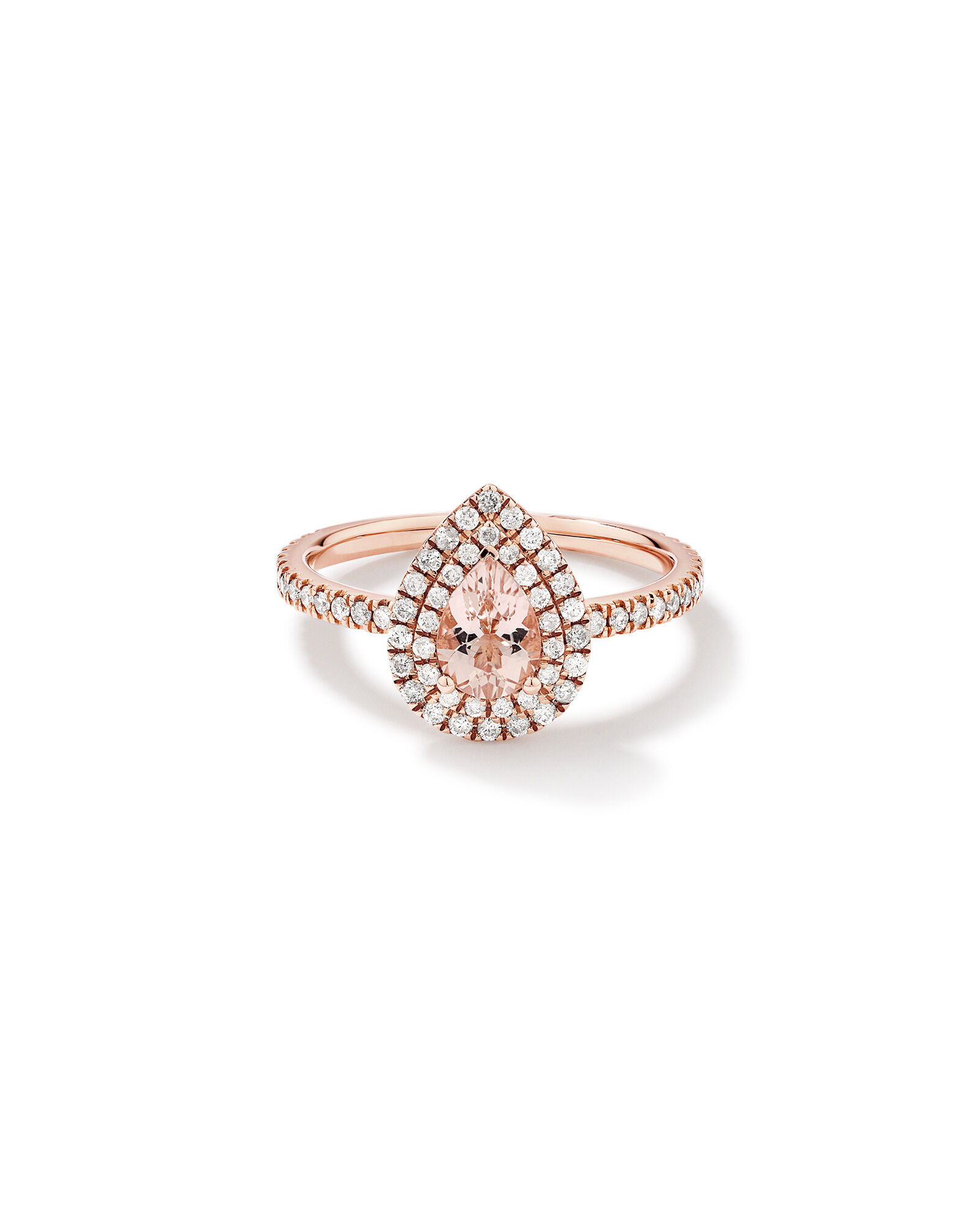 Pear Cut Morganite Gemstone and 0.45 Carat TW Diamond Halo and Side Accent Engagement Ring in 10kt Rose Gold