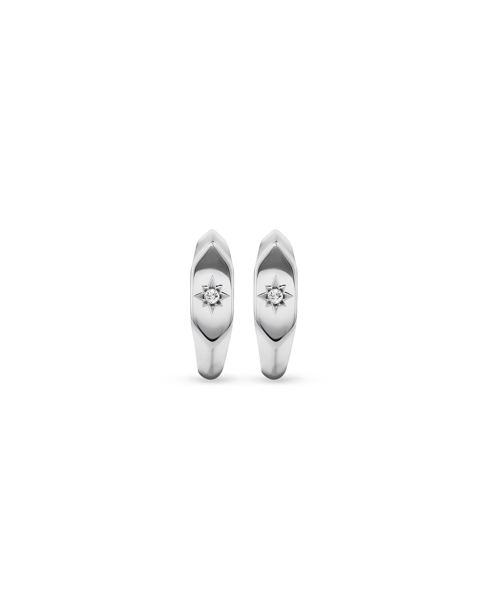 Diamond Star Accent Signet Huggie Hoop Earrings in Sterling Silver