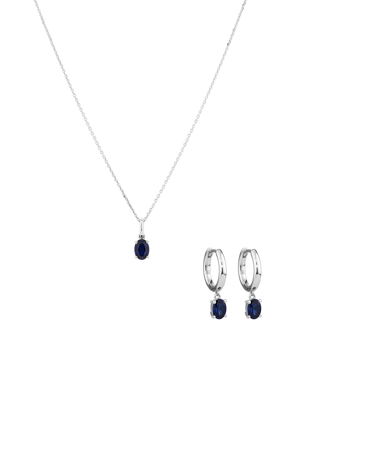 Oval Cut Blue Created Sapphire Gemstone Hoop Earrings and Pendant Necklace Set in Sterling Silver