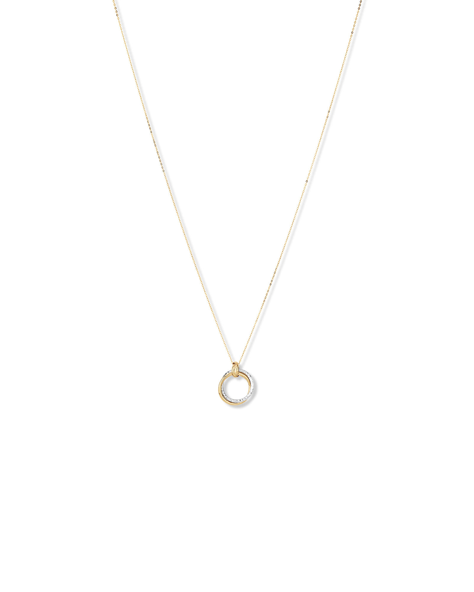 Two-Tone Double Circle Pendant Hammered Finish Necklace in 10kt White and Yellow Gold