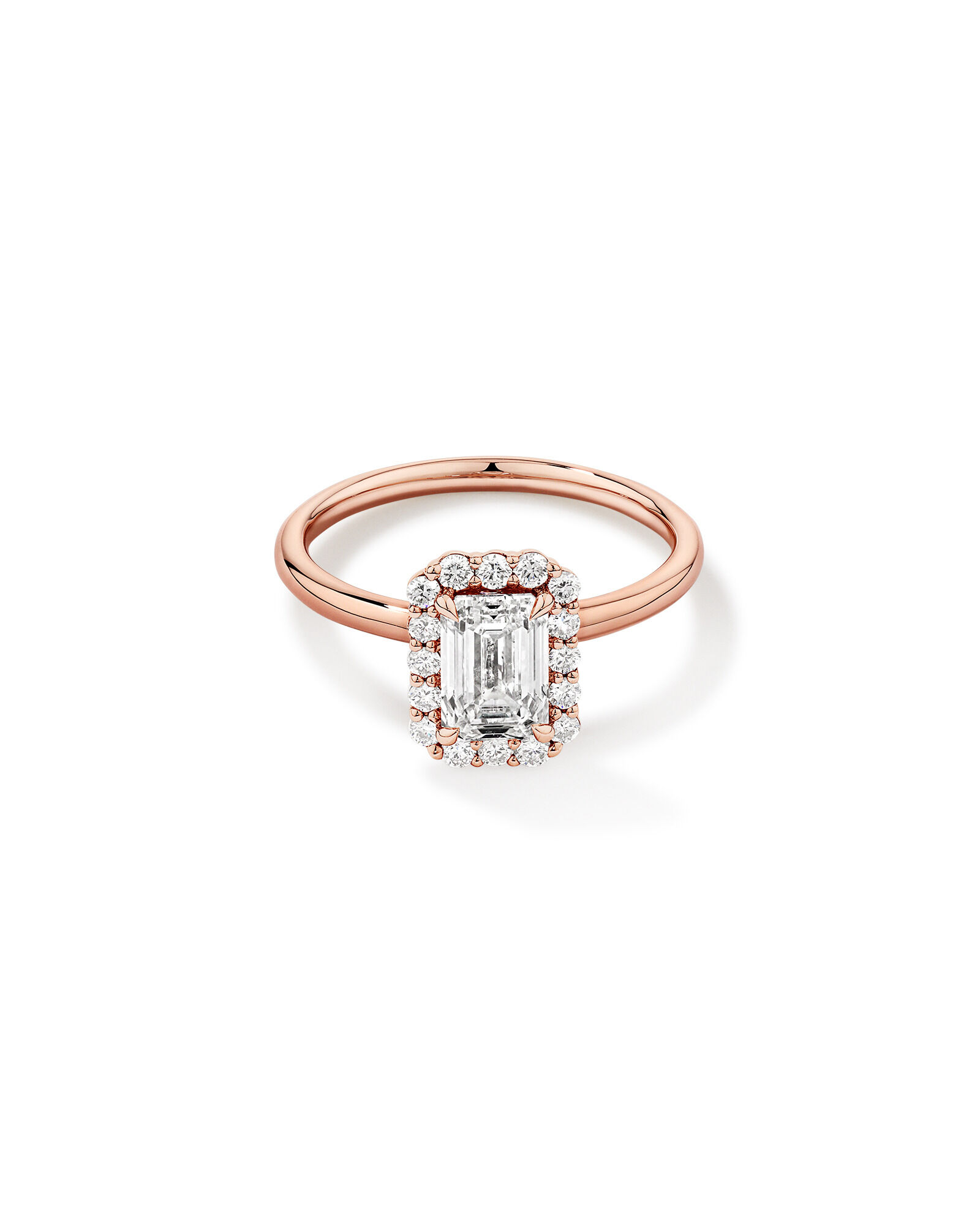 1.46 Carat TW Emerald Cut Laboratory-Grown Diamond Halo Engagement Ring in 14kt Rose Gold