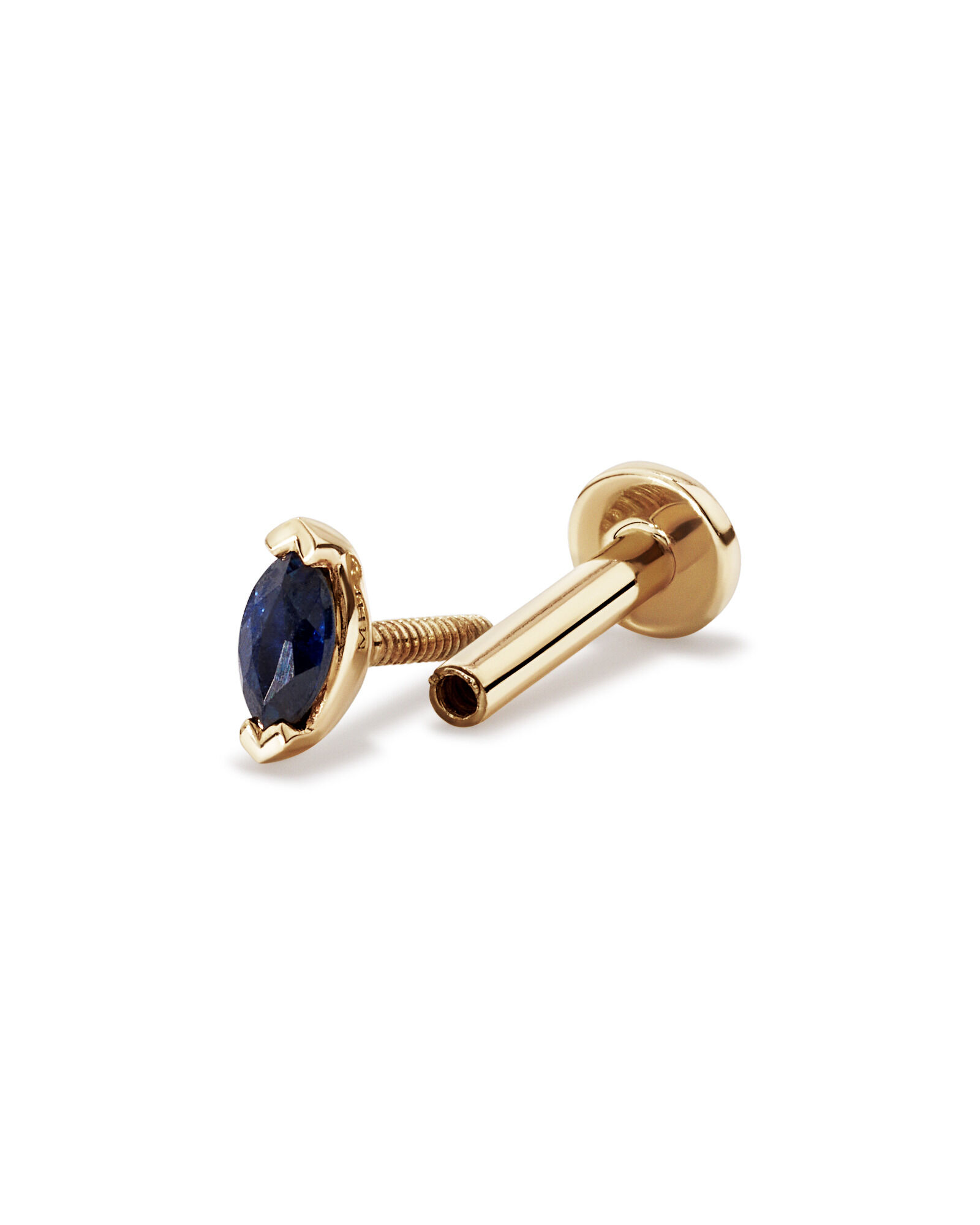 Marquise Shape Blue Sapphire Gemstone Flat Back Helix Single Stud Earring in 10kt Yellow Gold