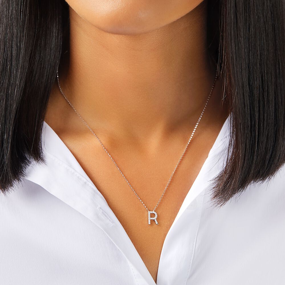 R Initial Necklace with 0.10 Carat TW of Diamonds in 10kt White Gold