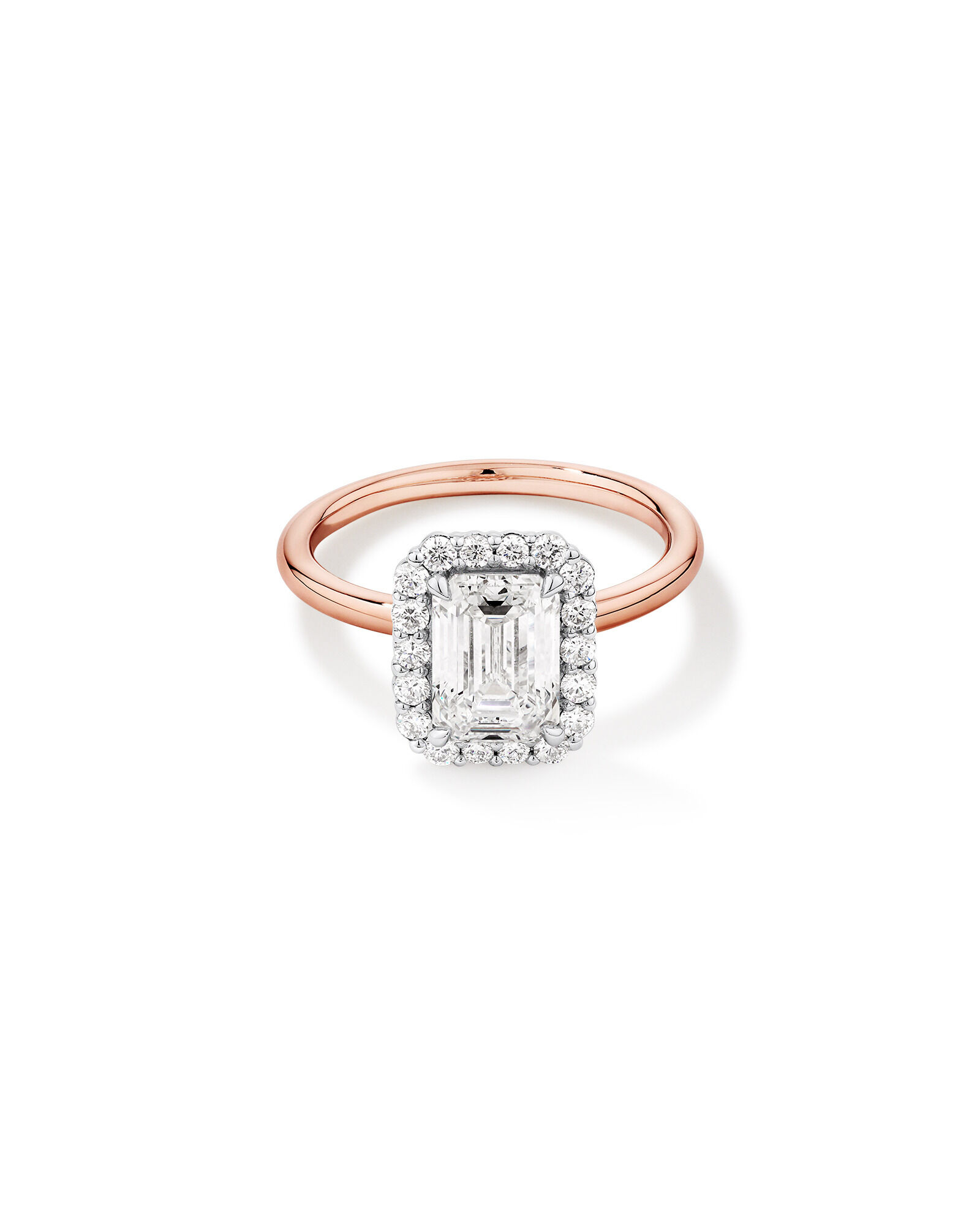 2.34 Carat TW Emerald Cut Laboratory-Grown Diamond Halo Engagement Ring in 14kt Rose and White Gold