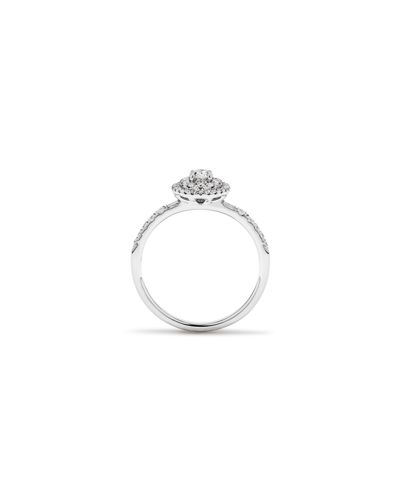 0.58 Carat TW Oval Diamond Halo Baguette Side Accent Engagement Ring in 14kt White Gold