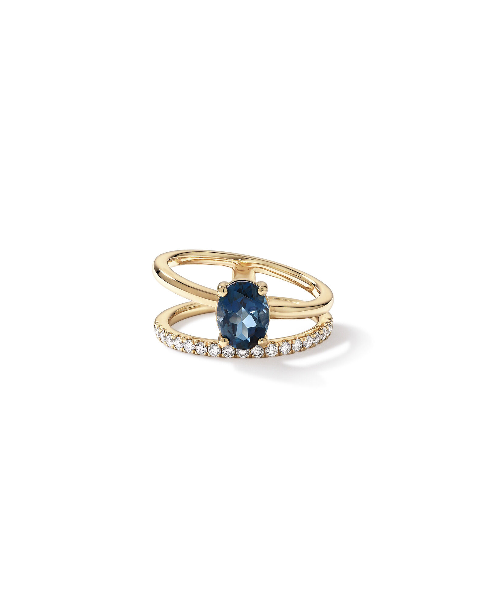 London Blue Topaz Double Band Ring with 0.25 Carat TWof  Diamonds in 10kt Yellow Gold