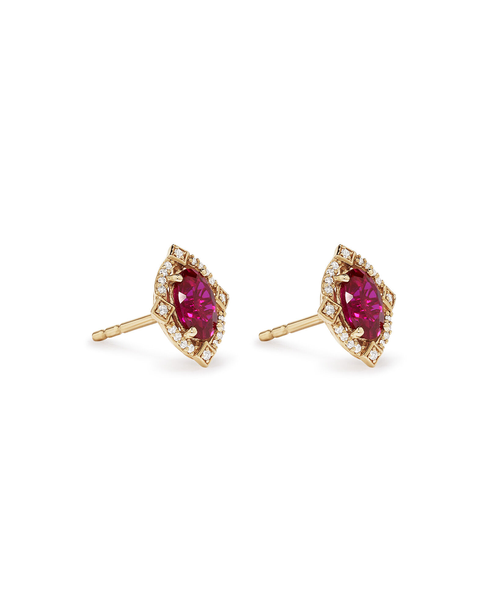 Oval Cut Created Ruby and Diamond Halo Stud Earrings in 10kt Yellow Gold