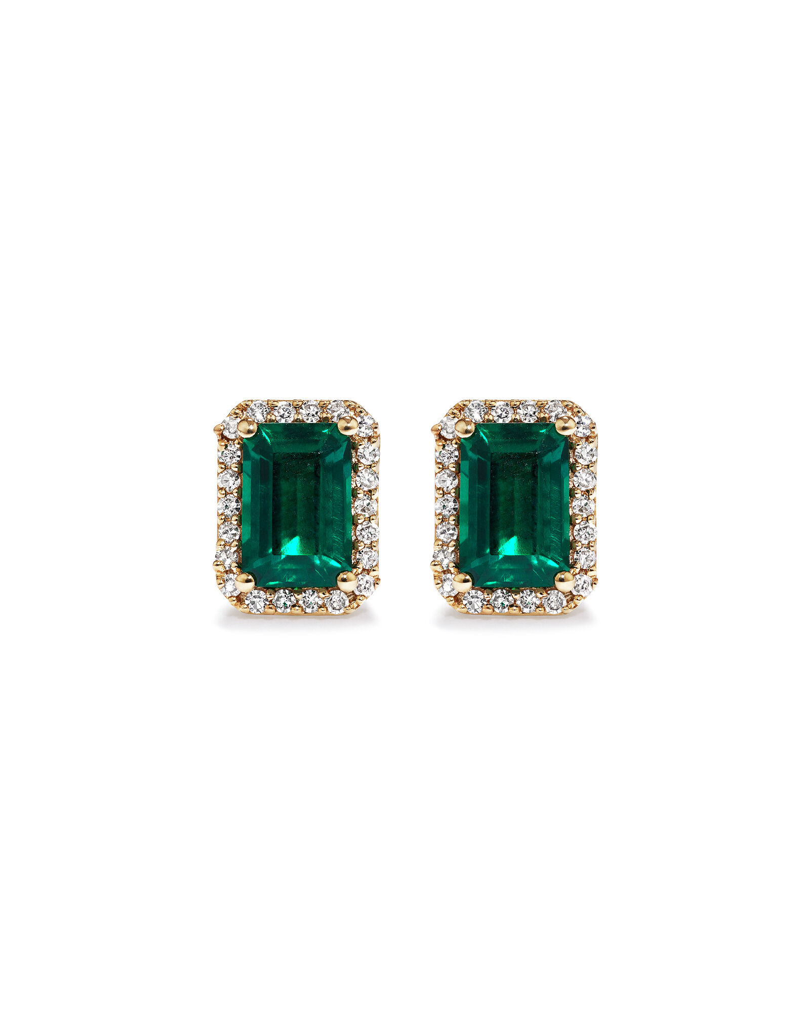 Emerald Cut Green Created Emerald Gemstone and Diamond Halo Earrings in 10kt Yellow Gold