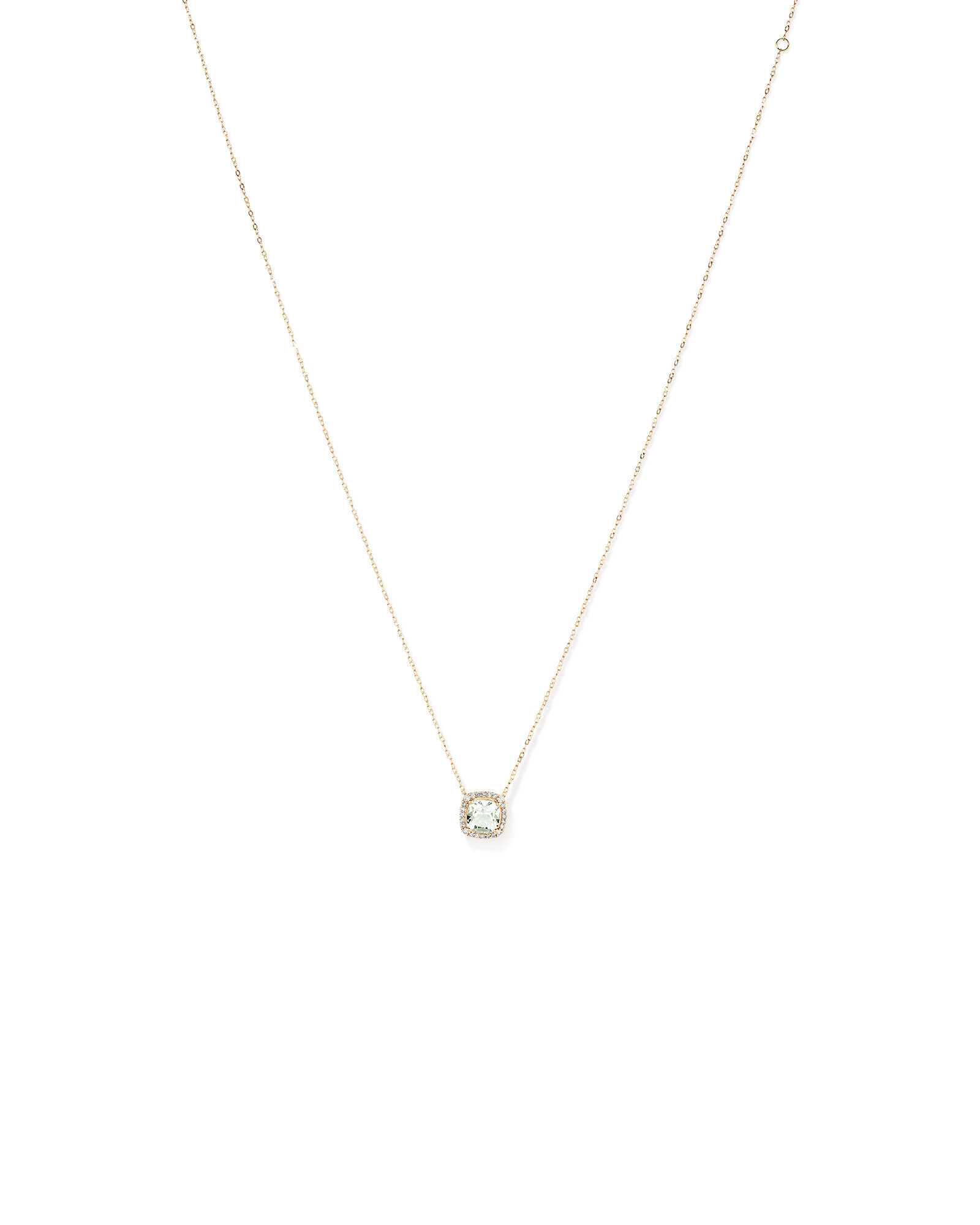 Cushion Cut Green Amethyst Gemstone and 0.15 Carat TW Diamond Halo Pendant Necklace in 10kt Yellow Gold