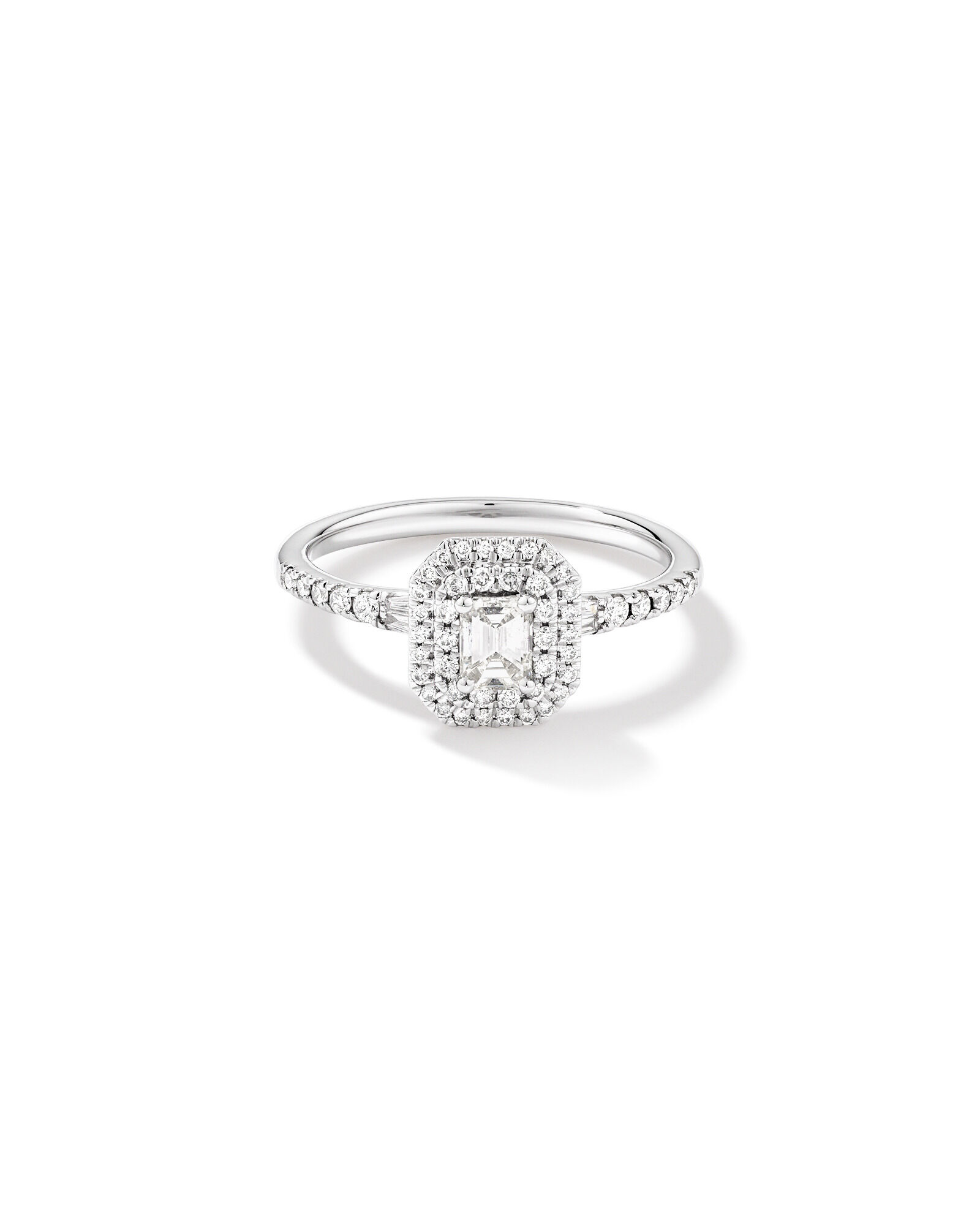 0.55 Carat TW Emerald Diamond Halo Baguette Side Accent Engagement Ring in 14kt White Gold