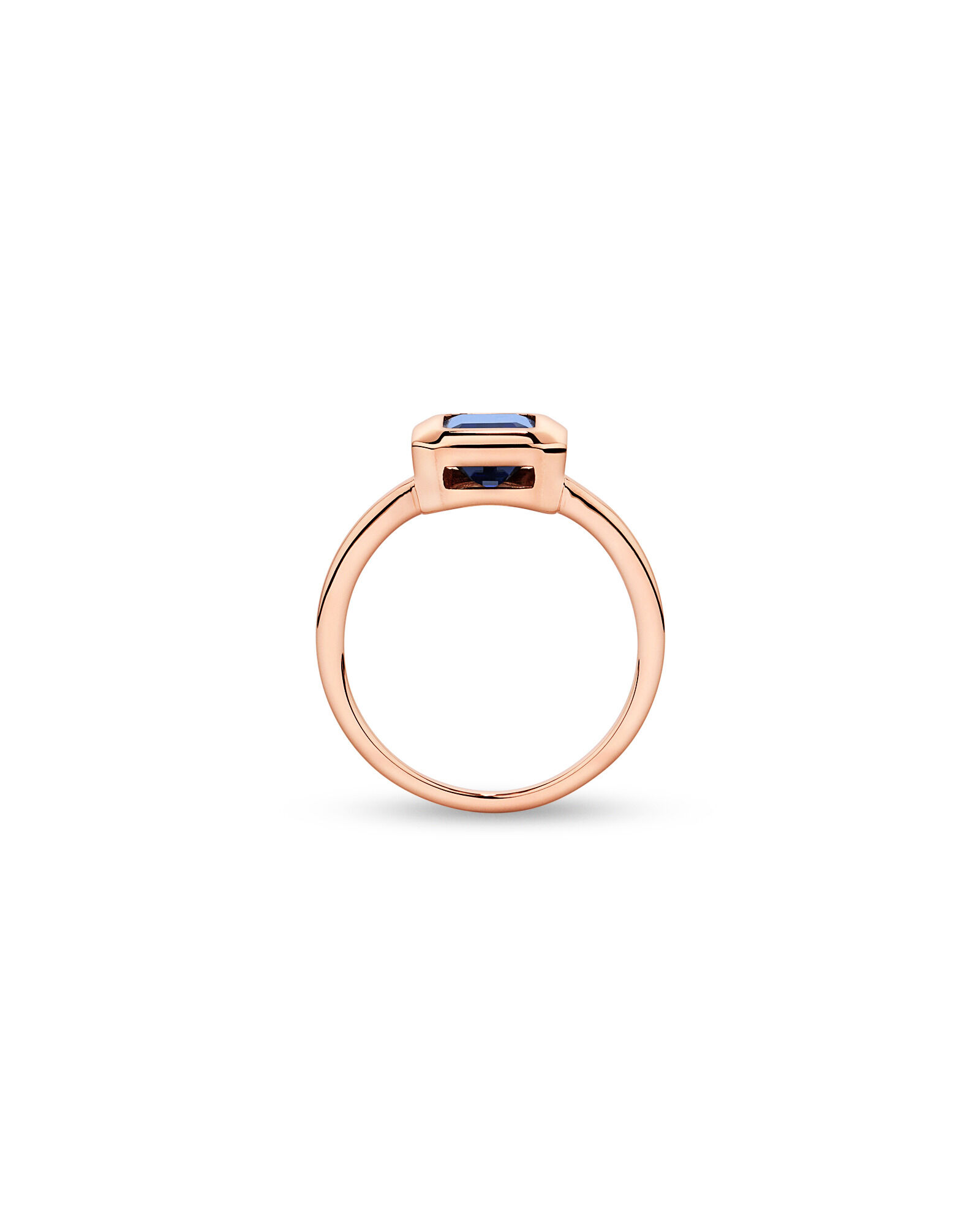 Emerald Cut Created Sapphire Bezel Ring in 10kt Rose Gold