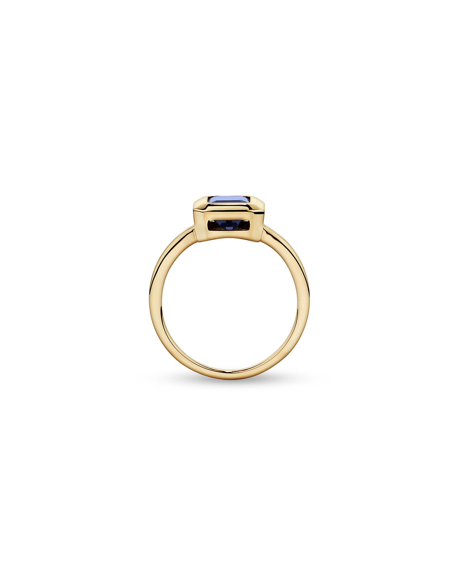 Emerarld Cut Created Sapphire Bezel Ring in 10kt Yellow Gold