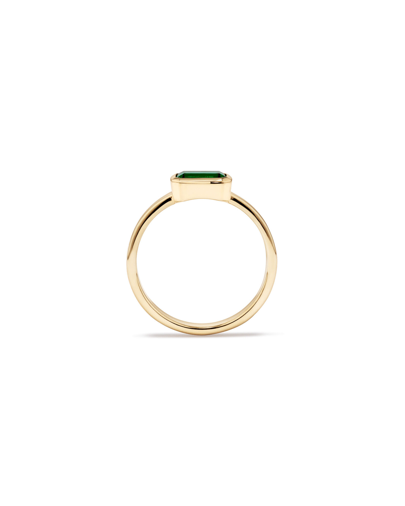 East-West Set Created Emerald Bezel Ring in 10kt Yellow Gold