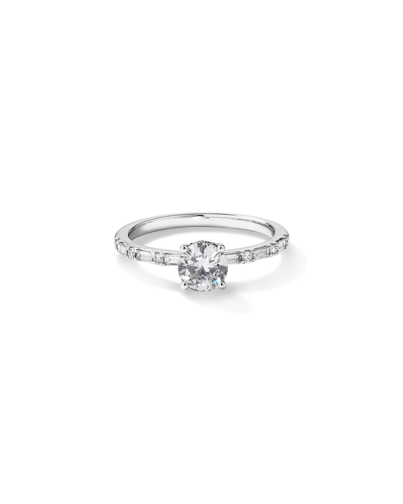 0.93 Carat TW Round Brilliant and Baguette Diamond Side Accent Engagement Ring with Hidden Halo in 14kt White Gold