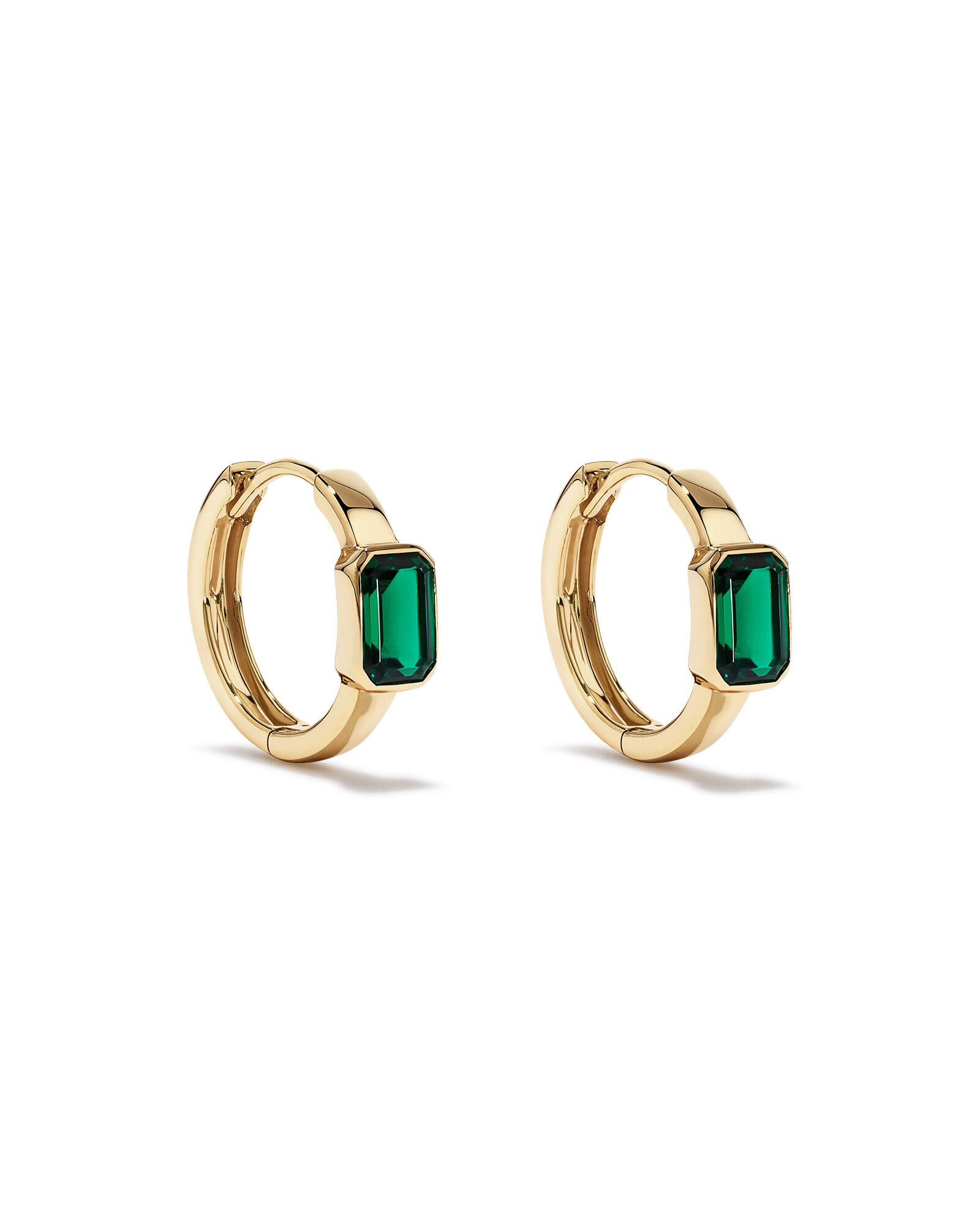 Created Emerald Bezel Huggie Earrings in 10kt Yellow Gold