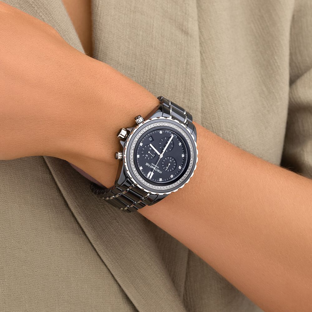 Unisex Chronograph Watch with 1/2 Carat TW of Diamonds in Black Ceramic & Stainless Steel