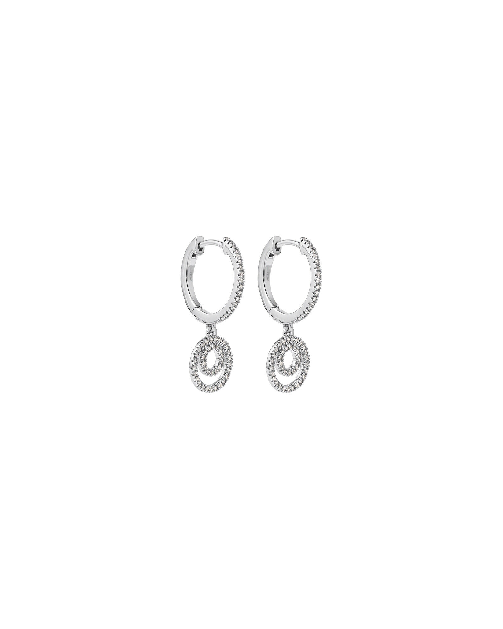 Fine Double Circle Diamond Drop Huggie Earrings in Sterling Silver