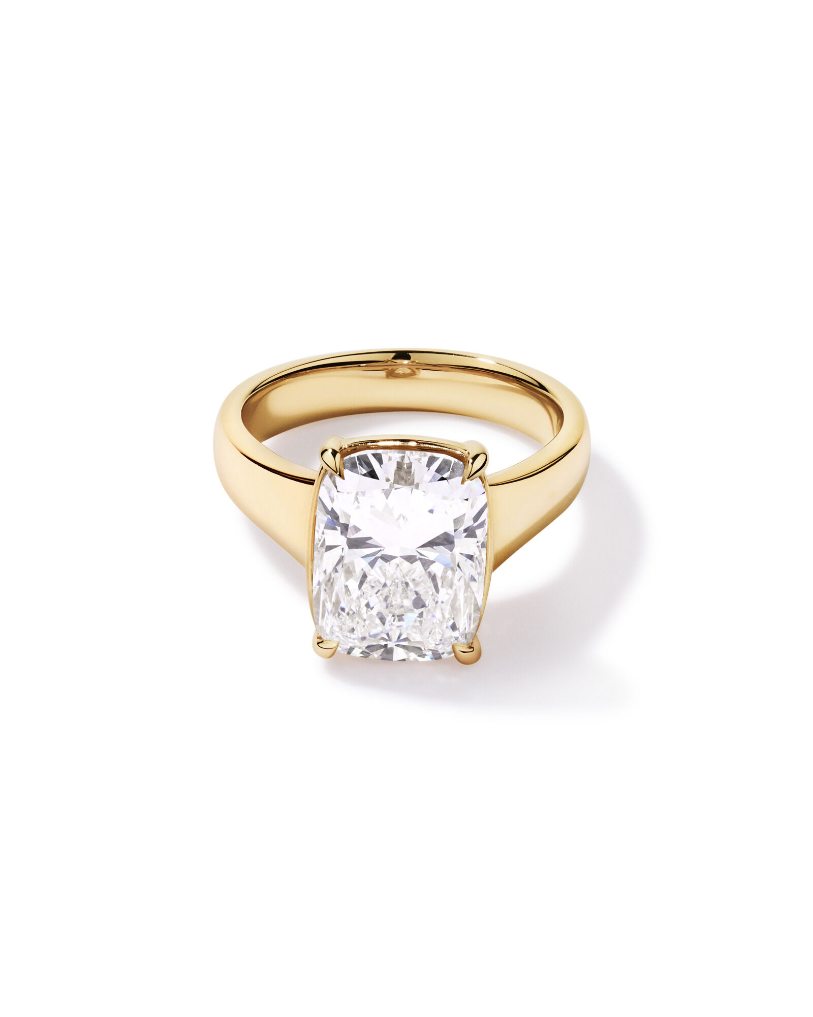 5.00 Carat Laboratory-Grown Elongated Cushion Diamond Solitaire Four Claw with Low Set Bezel Engagement Ring in 14kt Yellow Gold