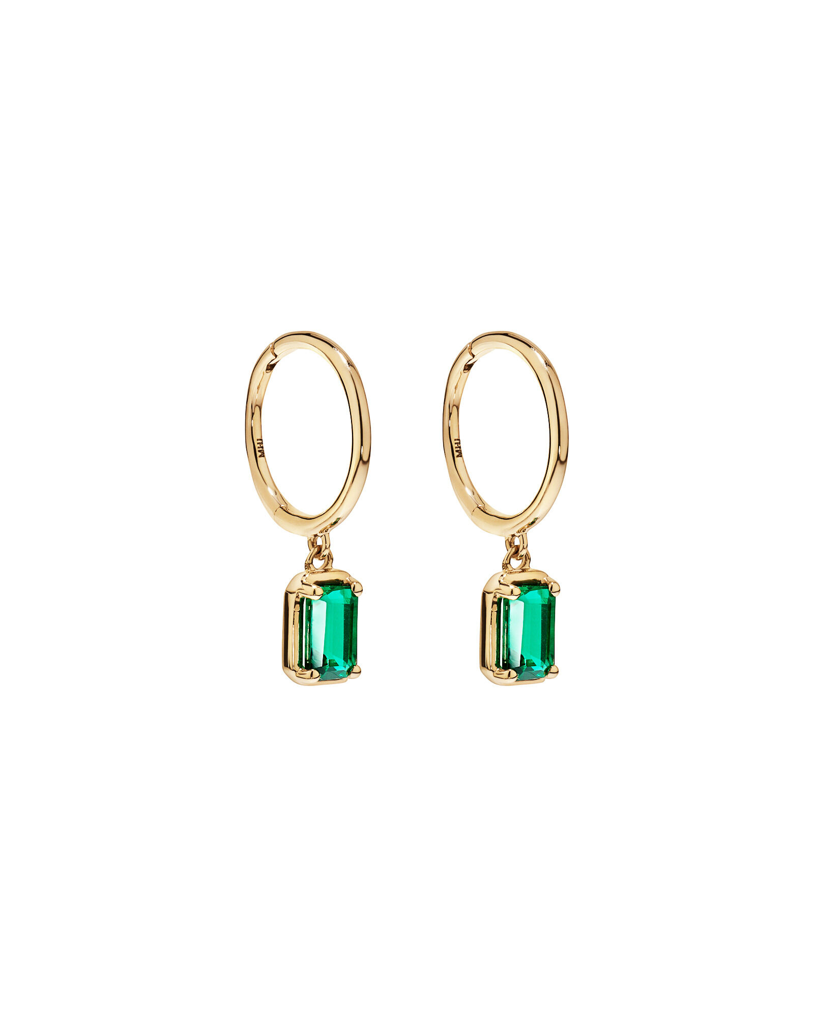 Created Emerald Gemstone Drop Hoop Earrings in 10kt Yellow Gold