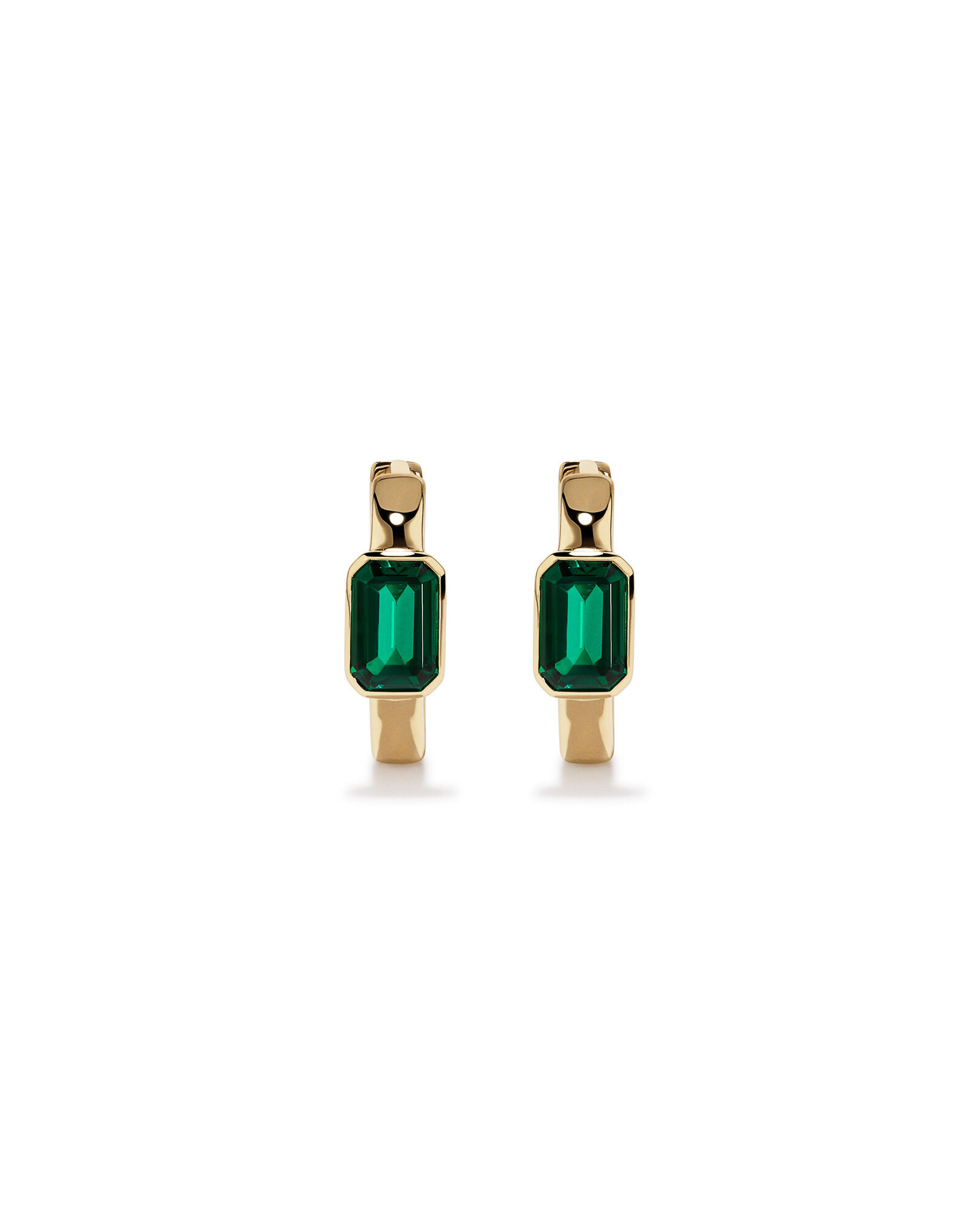 Created Emerald Bezel Huggie Earrings in 10kt Yellow Gold