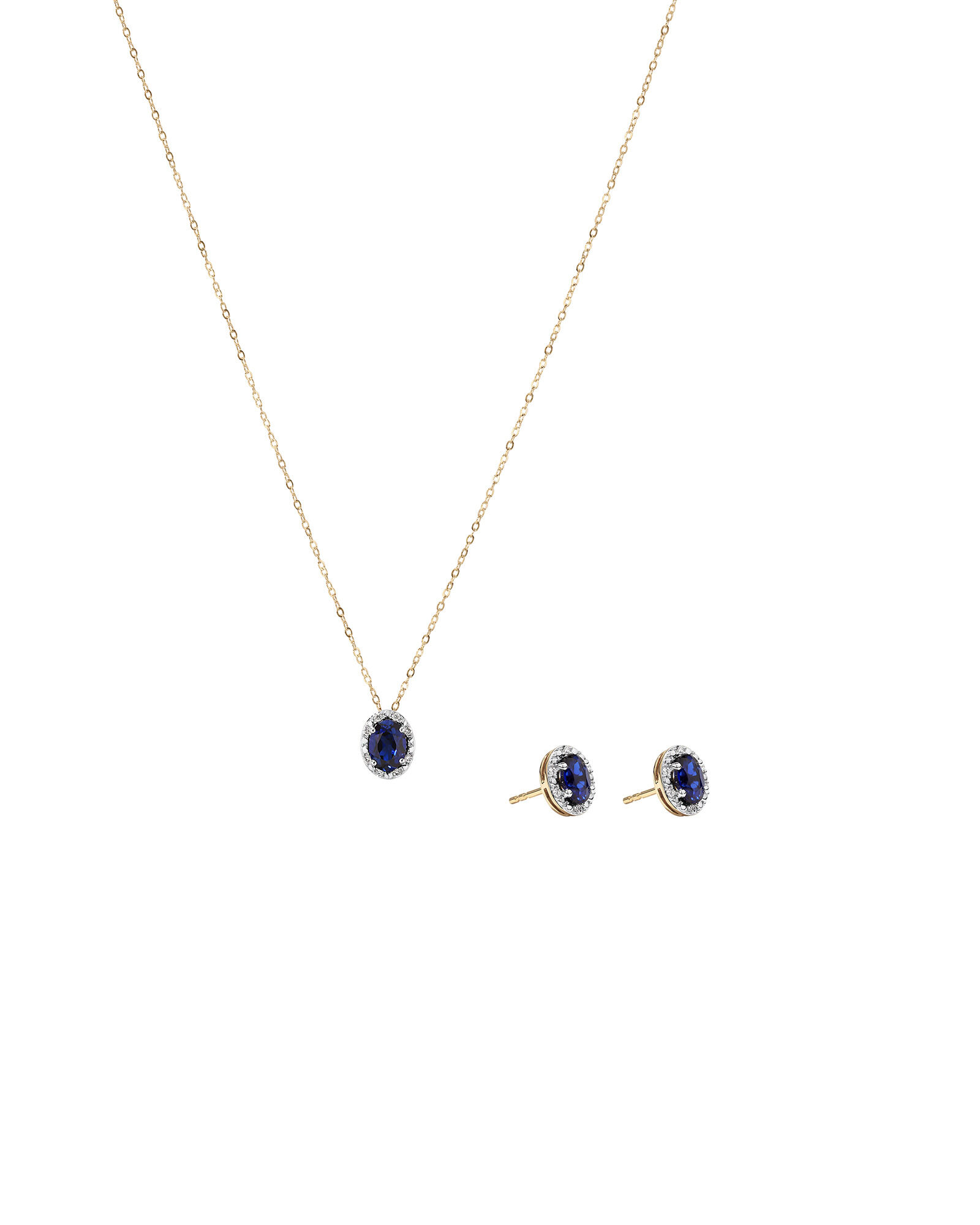 Oval Cut Blue Created Sapphire and Lab-Grown Diamond Halo Stud Earrings and Pendant Necklace Set in 10kt Yellow Gold and Rhodium